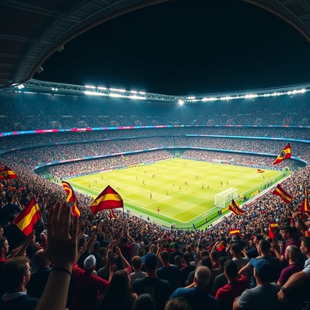 Estadio de fútbol completamente lleno durante un emocionante partido de La Liga con miles de aficionados celebrando y banderas ondeando en las gradas
