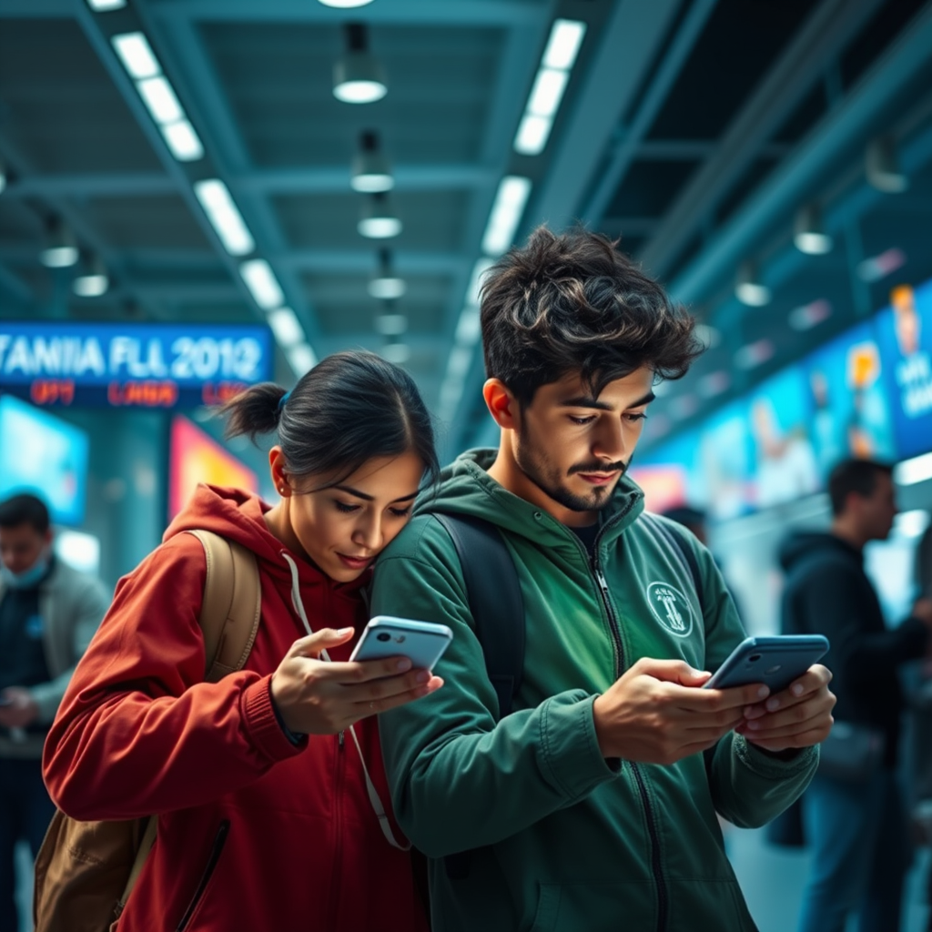 Jugadores españoles usando smartphones para juegos móviles en un entorno moderno y tecnológico