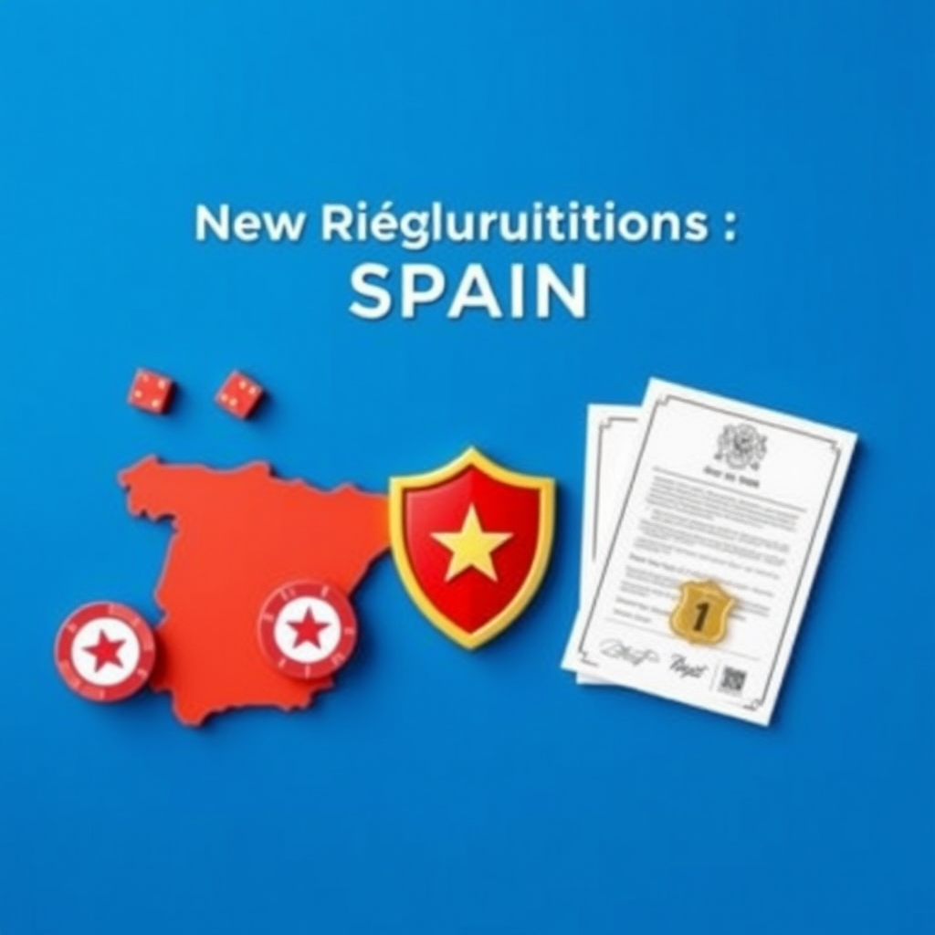 Imagen representativa de las nuevas regulaciones de gaming en España con símbolos de protección al jugador, escudo de seguridad y documentos oficiales sobre fondo azul profesional
