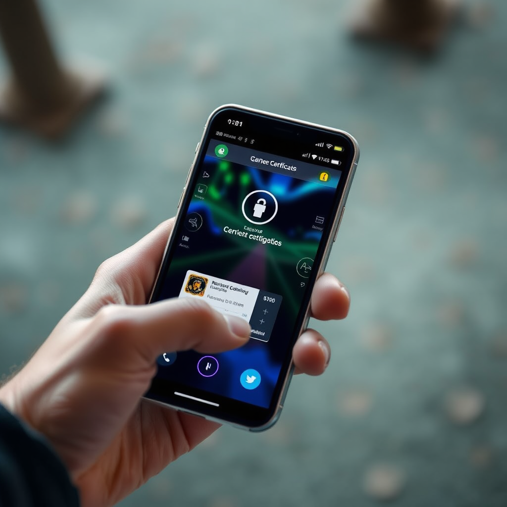 Smartphone mostrando interfaz de plataforma de juegos segura con certificados de licencia