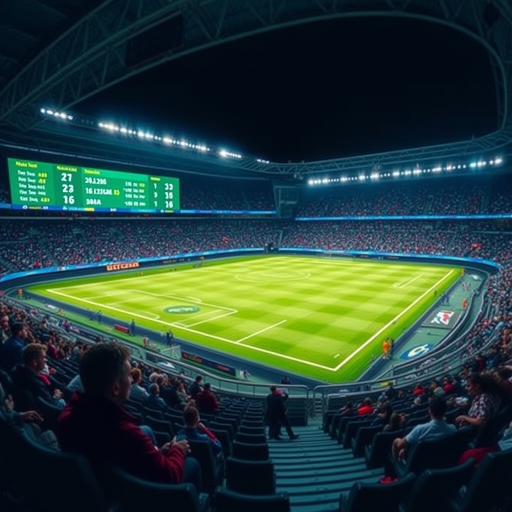 Imagen de un estadio de fútbol con pantallas mostrando estadísticas y cuotas deportivas, representando el análisis de apuestas deportivas en plataformas autorizadas