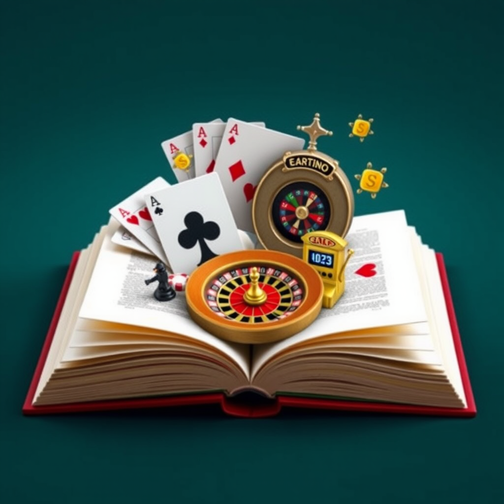 Imagen de libros abiertos con símbolos de juegos de casino como cartas, ruleta y máquinas tragamonedas, representando guías educativas y estrategias de juego