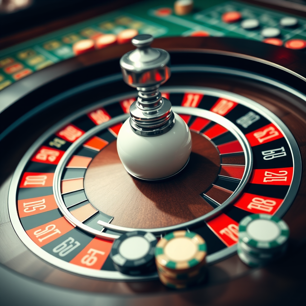 Rueda de ruleta europea con bola blanca, números rojos y negros, y mesa de apuestas con fichas