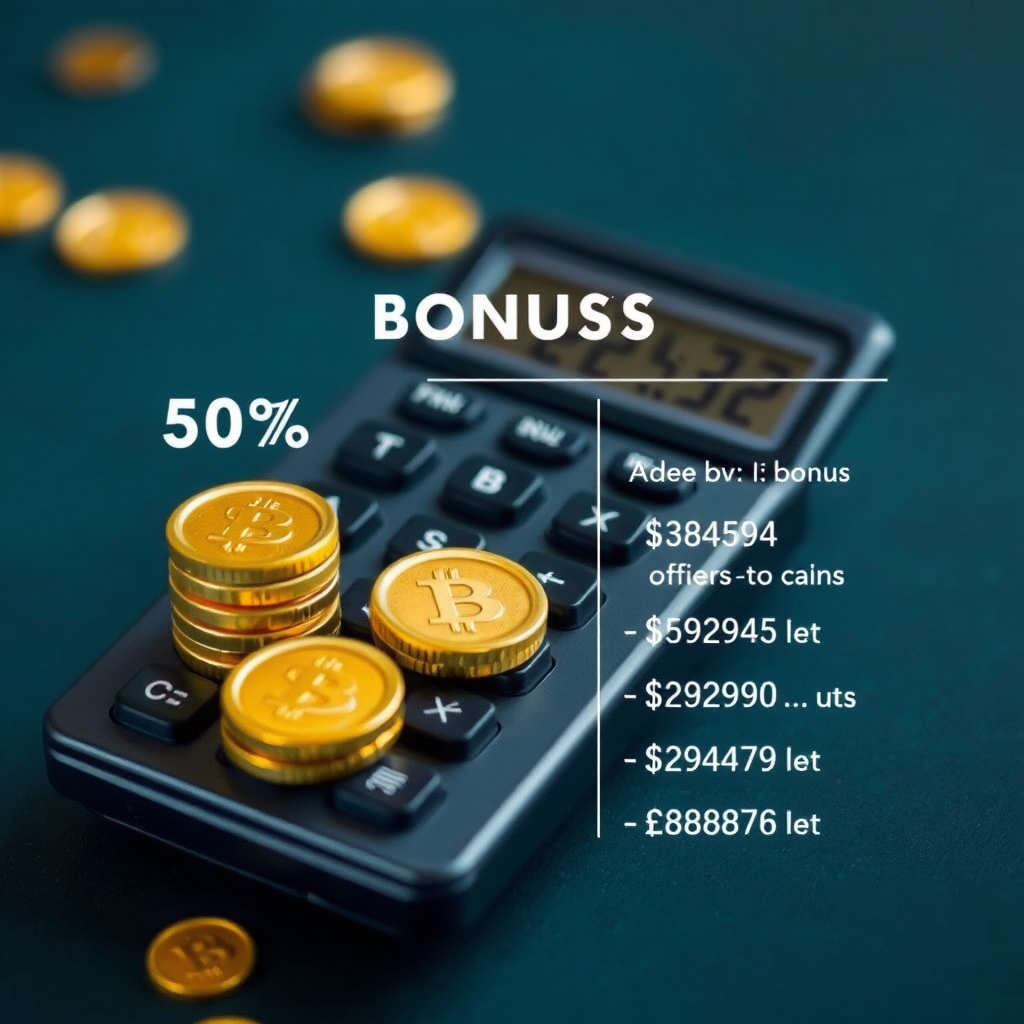 Imagen de una calculadora con monedas doradas y símbolos de porcentaje, representando la comparación detallada de bonos y ofertas promocionales