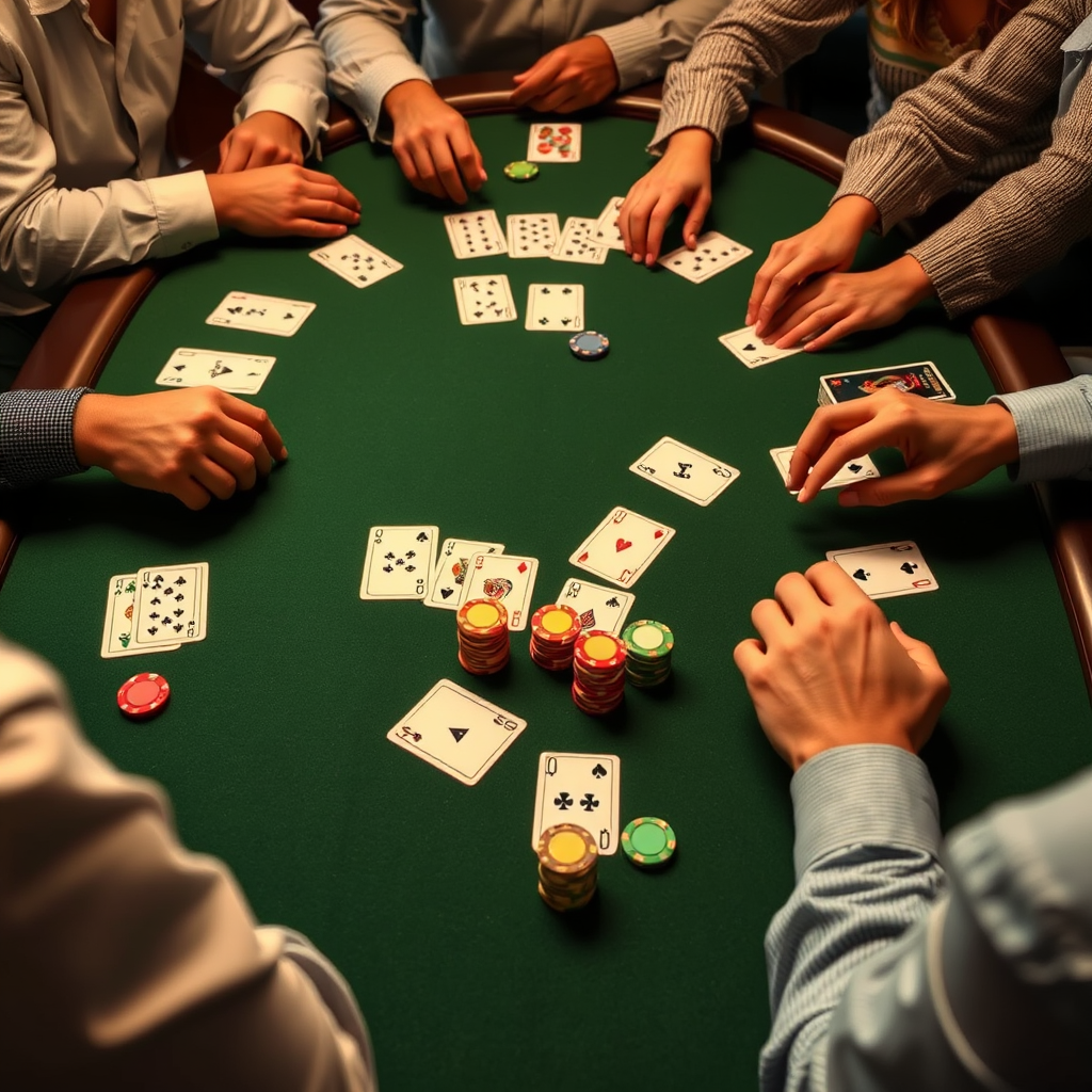 Mesa de poker con cartas comunitarias, fichas de diferentes colores y manos de jugadores en acción