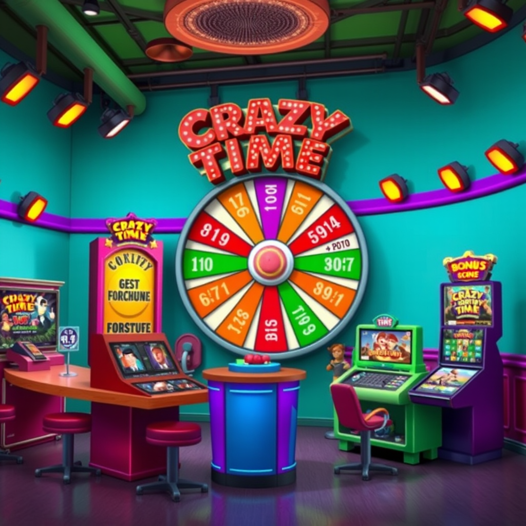 Estudio colorido de Crazy Time con gran rueda de la fortuna, presentador animado y múltiples juegos bonus interactivos